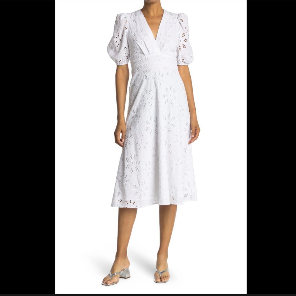 Maggy London Twist Front V-neck Eyelet Midi Dress In Soft White, Size 6